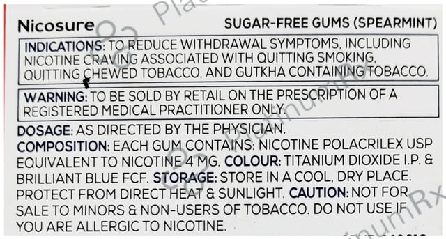 Nicosure 4mg Nicotine Polacrilex USP Gum Spearmint- Sugar Free