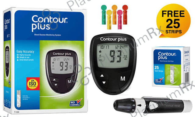 Contour Plus Blood Glucose Monitoring System Glucometer with Contour Plus Blood Glucose Test Strip 25sFree