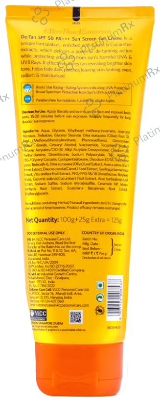 VLCC De Tan SPF 50 pa+++ Sunscreen Gel Cream 125gm