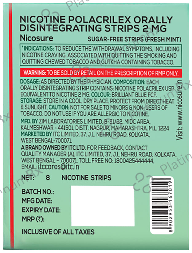 Nico Sure 2mg Nicotine Polacrilex Orally Disintegrating Strips Fresh Mint Sugar Free