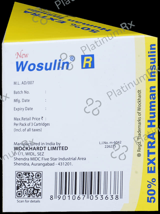 New Wosulin R (100 IU/ml) Refill Cartridge / Injection 3X3ml