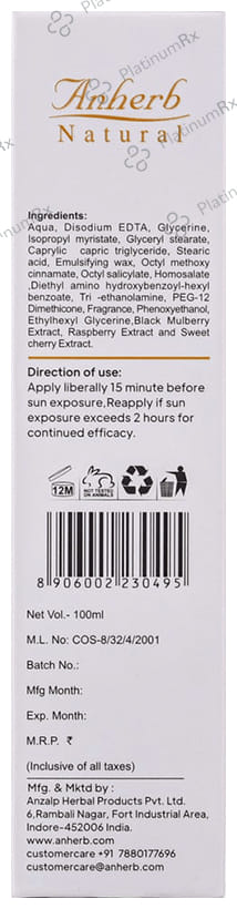 Anherb Natural SPF 50 Sunscreen Cream 100ml