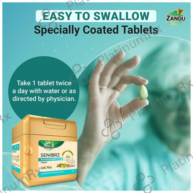 Zandu Seniorz Bone Strength Tablet - 100% Ayurvedic Supplement - Rich in Natural Calcium, Vitamin D3 - with Hadjod - Clinically Proven to Help Increase Bone Mineral Density & Collagen