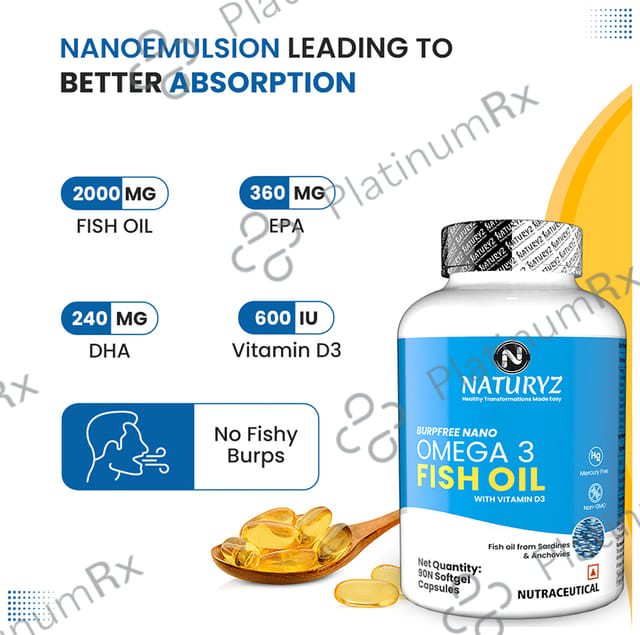 Naturyz Burpfree Nano Omega 3 Fish Oil with Vitamin D3 Softgel Capsule 90 capsules