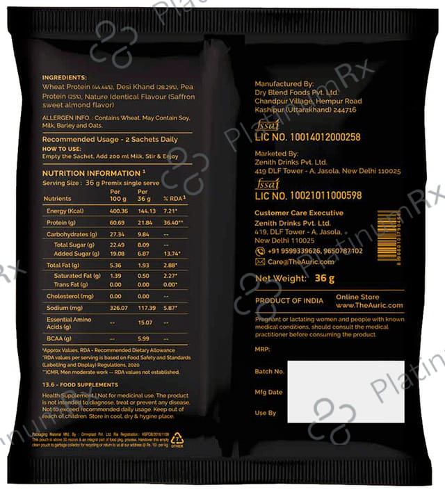 Auric Protein Shake Sachet (36gm Each) Badam Kesar