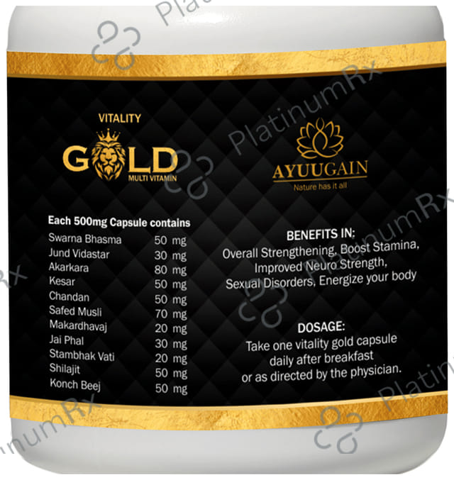 Ayuugain Vitality Gold Capsule Multivitamin For Energy, Stamina & Immunity Booster with Pure Swarna Bhasma for Men (60 Capsule) Capsule