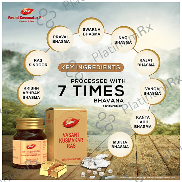 Dabur Vasant Kusumakar Ras with Gold & Pearl Tablet - For General Weakness, Heart Health, Immunity & Antioxidant Support 30 tablets