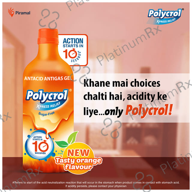Polycrol Antacid Gel Tasty Orange Xpress Relief Sugar Free 450ml