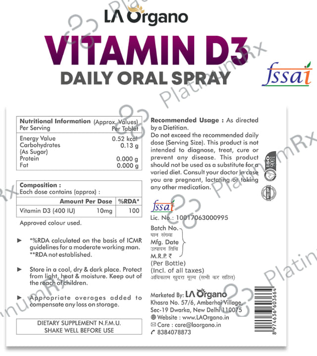 LA Organo Vitamin D3 Daily Oral Spray
