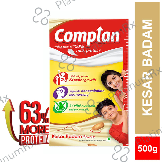 Complan 100% Milk Protein for Concentration, Memory & Growth - Flavour Kesar Badam Refill 500 gm