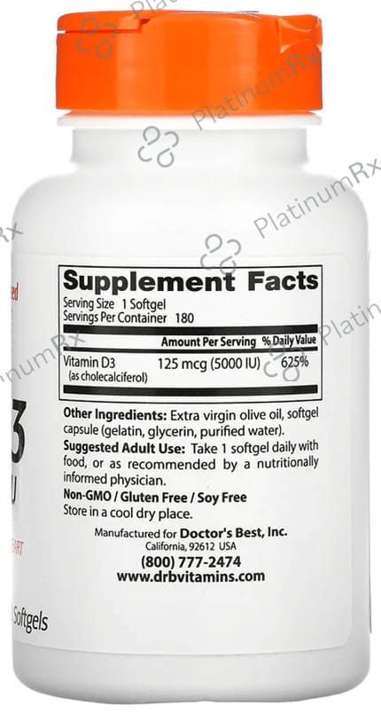 Doctor's Best Vitamin D3 5000IU Softgels - For Immunity, Heart & Bone Health Soft Gelatin Capsule