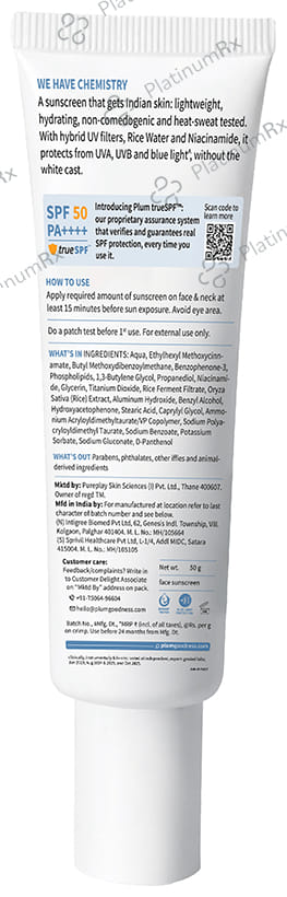 Plum 2% Niacinamide & Rice Water Hybrid Face Sunscreen SPF 50 PA+++ Cream 50 gm