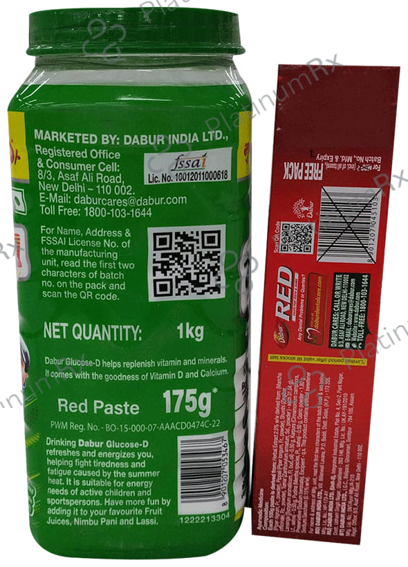 Dabur Glucose-D with Calcium for Immunity & Bone Health - Jar 1kg + Red Tooth Paste 200gm Free