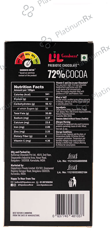 Lil Goodness Prebiotic Chocolate Teff Crackle 72% Cocoa