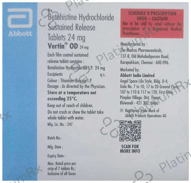 Vertin OD 24mg Tablet SR 7s