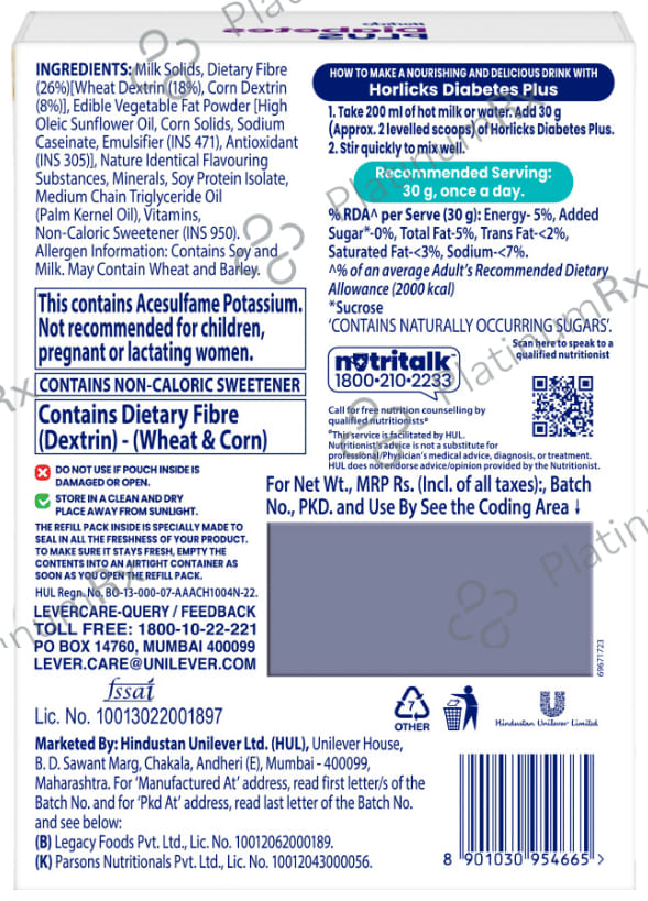 Horlicks Diabetes Plus for Blood Sugar & Weight Management - No Added Sugar - Flavour Vanilla