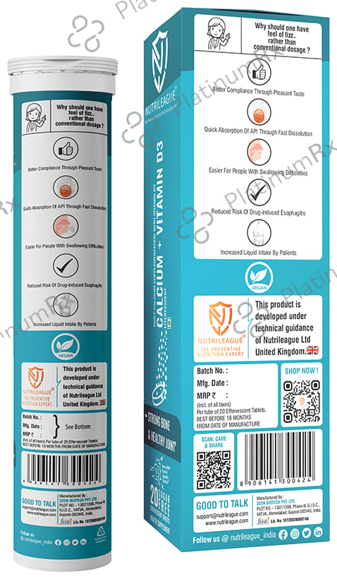 Nutrileague Calcium + Vitamin D3 Effervescent Tablet 20s