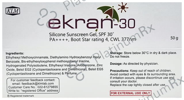 Ekran 30 Silicone Sunscreen SPF 30+ PA++++ Water Resistant Gel 50gm