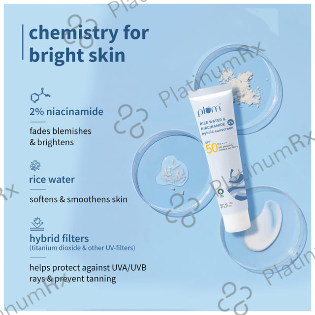 Plum 2% Niacinamide & Rice Water Hybrid Face Sunscreen SPF 50 PA+++ Cream 15 gm