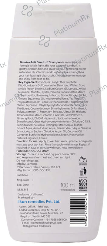 Groviva Anti Dandruff Shampoo (100ml Each) 1 Bottle