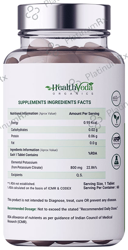 Health Veda Organics Potassium Citrate 800mg for Nervous System & Muscles - Urinary Alkaniser Tablet