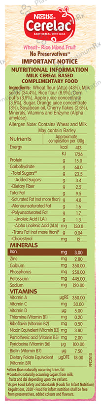 Nestle Cerelac Baby (10 months+) Cereal with Milk, Iron, Vitamins & Minerals - Wheat Rice Mix Fruit
