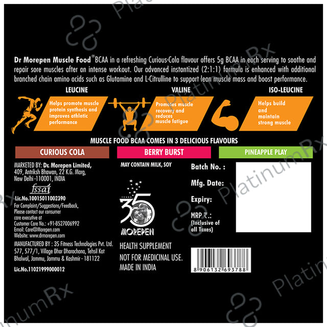 Dr. Morepen Muscle Food BCCA for Lean Muscles, Performance & Strength - Flavour Curious Cola