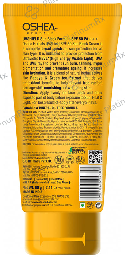 Oshea Herbals UVShield Sun Block Formula SPF 50 PA+++ Cream 60gm