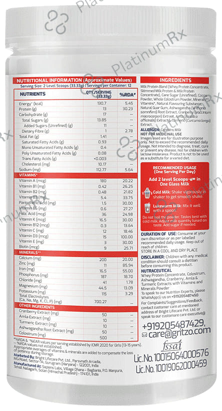 Gritzo Super Girl Milk Protein Height+ for 13+ Years Girls - With Calcium & Vitamin D3 - Flavour Double Chocolate