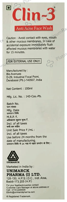 Clin - 3 Anti-Acne Face Wash - Sulphate-Free