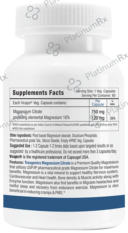 Trexgenics Magnesium Citrate 750mg Veg. Capsules