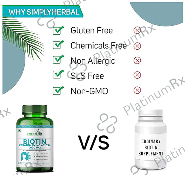 Simply Herbal Biotin 10000mcg - With Keratin & Amino Acids for Hair, Skin & Nails - Capsule