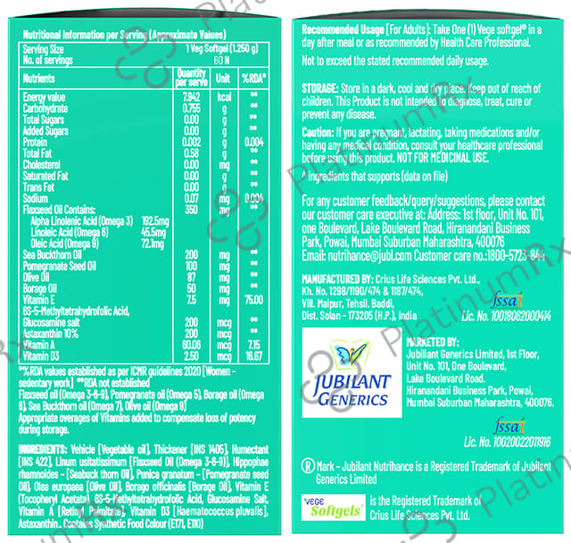 Jubilant Nutrihance Multi Omega 3-5-6-7-9 - Vegetarian Softgel for Heart, Renal & Nerve Health 60 Soft Gelatin Capsule