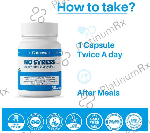 Cureayu No Stress Ayurvedic Capsule - For Improved Mental Health - Natural Stress Reliever - Calms Mind - Improves Anxiety & Depression - Potent Mood Enhancer - 100 % Herbal