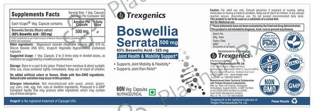 Trexgenics Boswellia Serrata 65% Boswellic Acid 500mg Veg Capsule