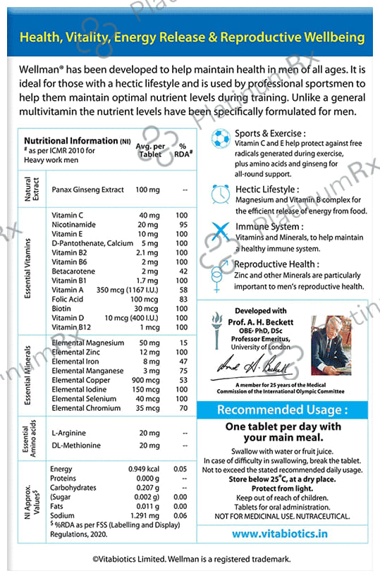 Wellman Gluten Free Health Supplement for Men with Vitamins & Minerals, Ginseng & Amino Acids - For Energy Release & Vitality