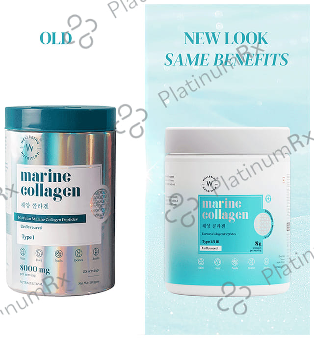 Wellbeing Nutrition Marine Collagen Type I &III 8000mg - For Skin, Hair, Nails, Bones & Joints - Unflavoured