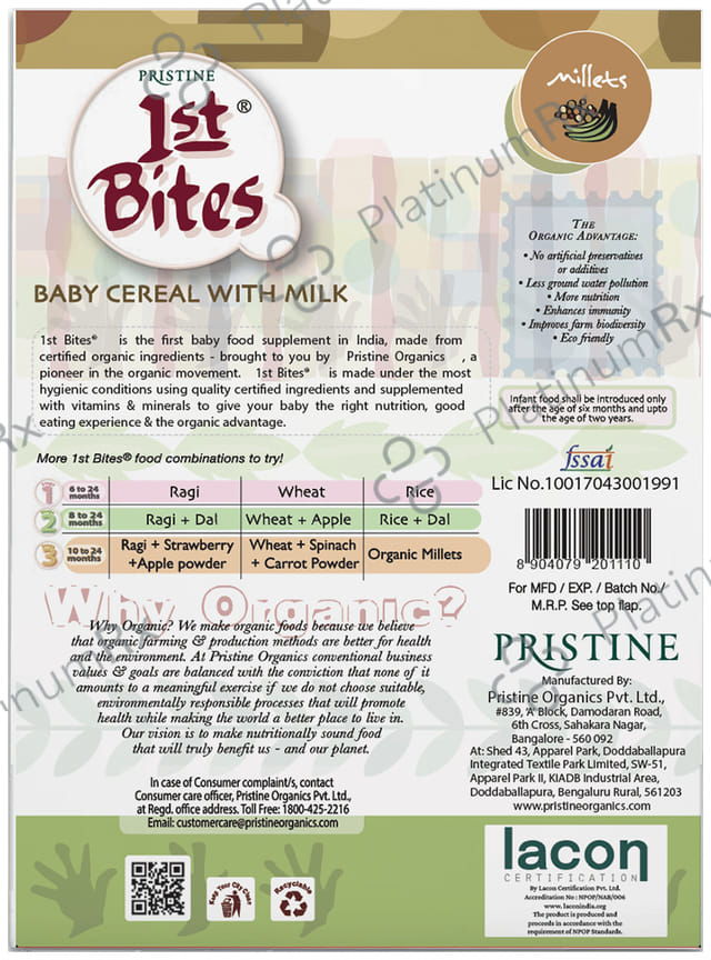 Pristine 1st Bites (10 Months - 24 Months) Stage-3 Baby Cereals with Milk - Millets