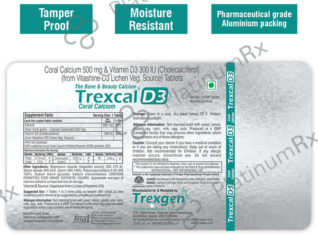 Trexgen Trexcal D3 - with Calcium & Cholecalciferol 300IU for Bone Health - Veg Tablet