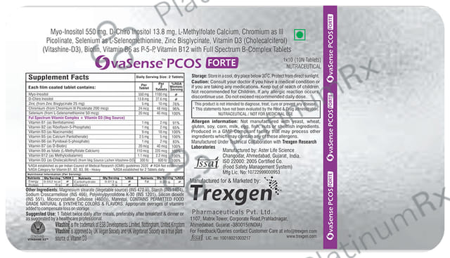 Trexgen OvaSense PCOS Forte with Myo-Inositol, Vitamin D3, Calcium, Zinc & Biotin - Tablet