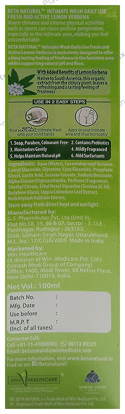 Beta Natural Intimate Wash Lemon Verbena Liquid 100ml