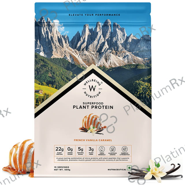 Wellbeing Nutrition Superfood Plant Protein for Muscle Growth & Metabolism - Flavour Powder French Vanilla Caramel