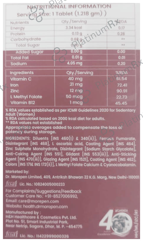 Dr. Morepen Iron & Zinc with Vitamin C & B12 - For Fatigue Reduction, Energy & Haemoglobin - Tablet