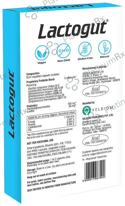 Velbiom Lactogut Pre & Probiotic Health Supplement Vegetable Capsule