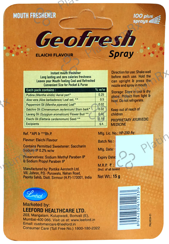 Leeford Geofresh Ayurvedic Mouth Freshner Spray Elaichi