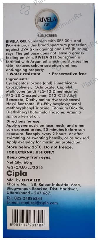Rivela Sunscreen SPF 30+ Gel 60gm