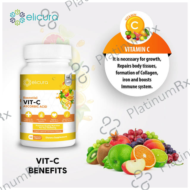 Elicura Essential Vit C 500mg Ascorbic Acid Vegetarian Capsule 60s