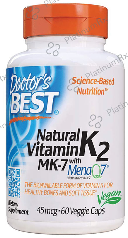 Doctor's Best Natural Vitamin K2 MK 7 with MenaQ7, 45mcg Veggie Capsule - For Healthy Bones & Soft Tissue