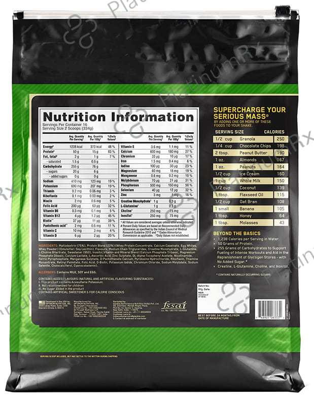 Optimum Nutrition (ON) Serious Mass High Protein for Weight Gain & Muscle Building - Flavour Powder Vanilla 12 lb