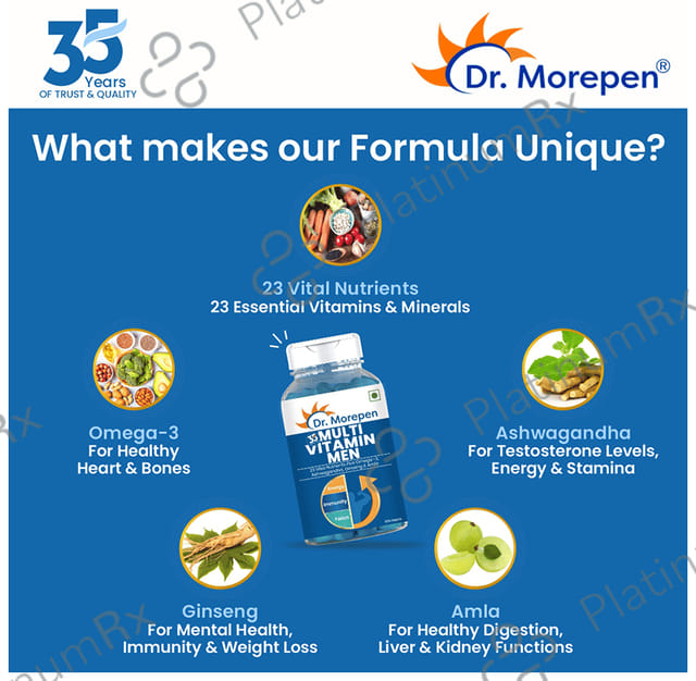 Dr. Morepen Multi Vitamin for Men - With Omega 3, Ashwagandha, Ginseng & Amla for Energy, Immunity & Focus - Tablet